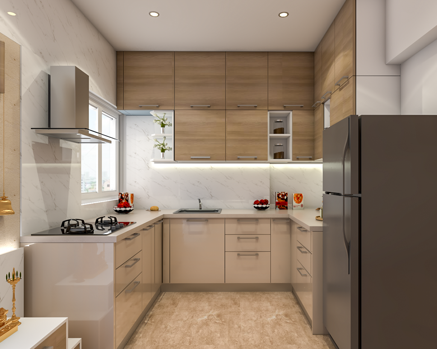 Multi Functional Compact Kitchen Design With Pooja Unit | Livspace