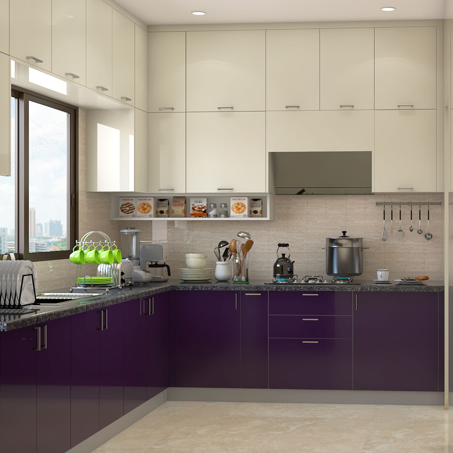 White-Violet Toned Convenient Modern Style Kitchen Design | Livspace