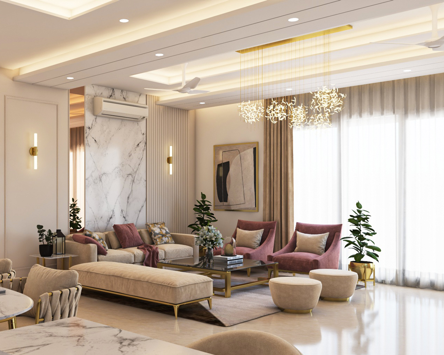 Beige And Pink Living Room Design - Livspace