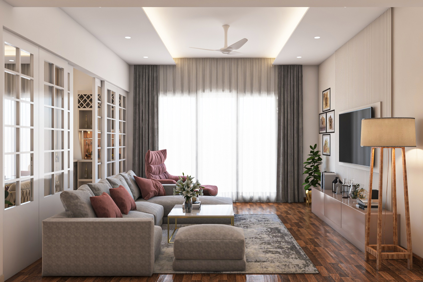 Contemporary Grey And Pink Living Room - Livspace