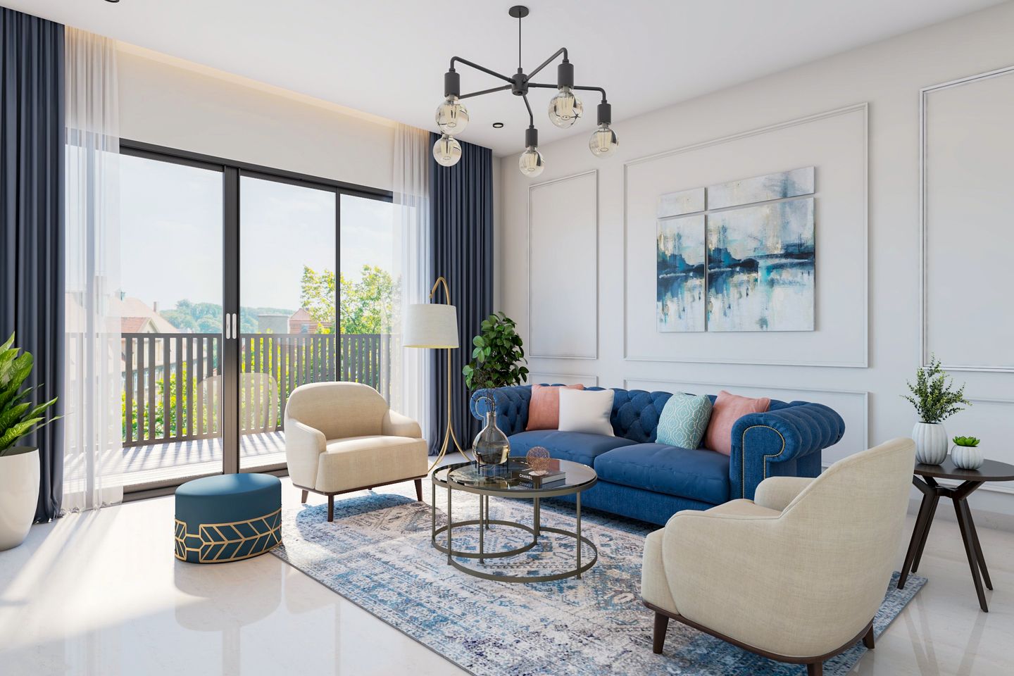 Blue Spacious Living Room Design With Round Nesting Table | Livspace