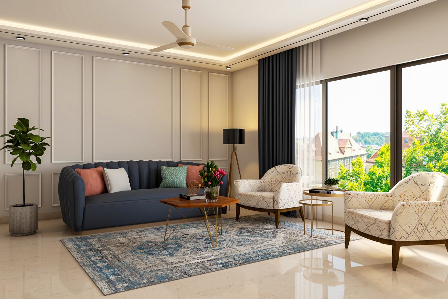 Blue Spacious Living Room Design - Livspace
