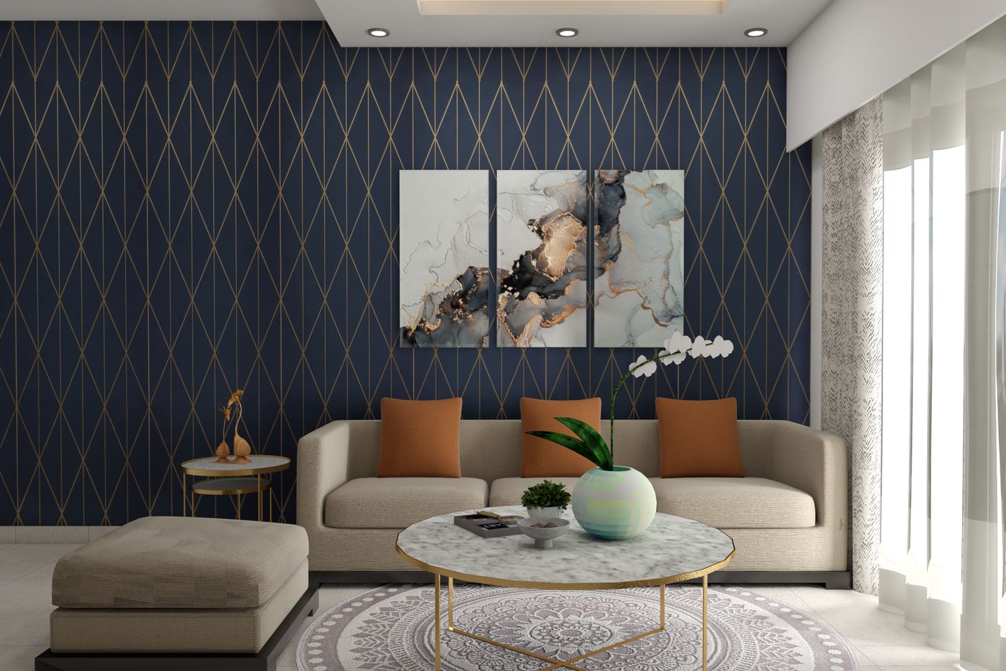 Blue And Gold Wallpaper Design - Livspace