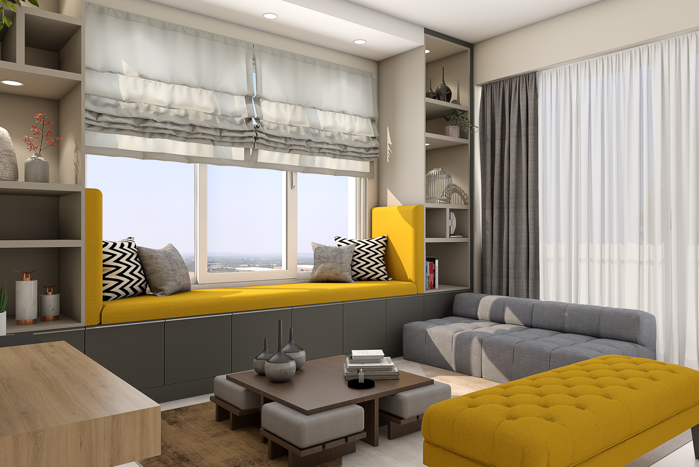 Grey And Yellow Living Room - Livspace