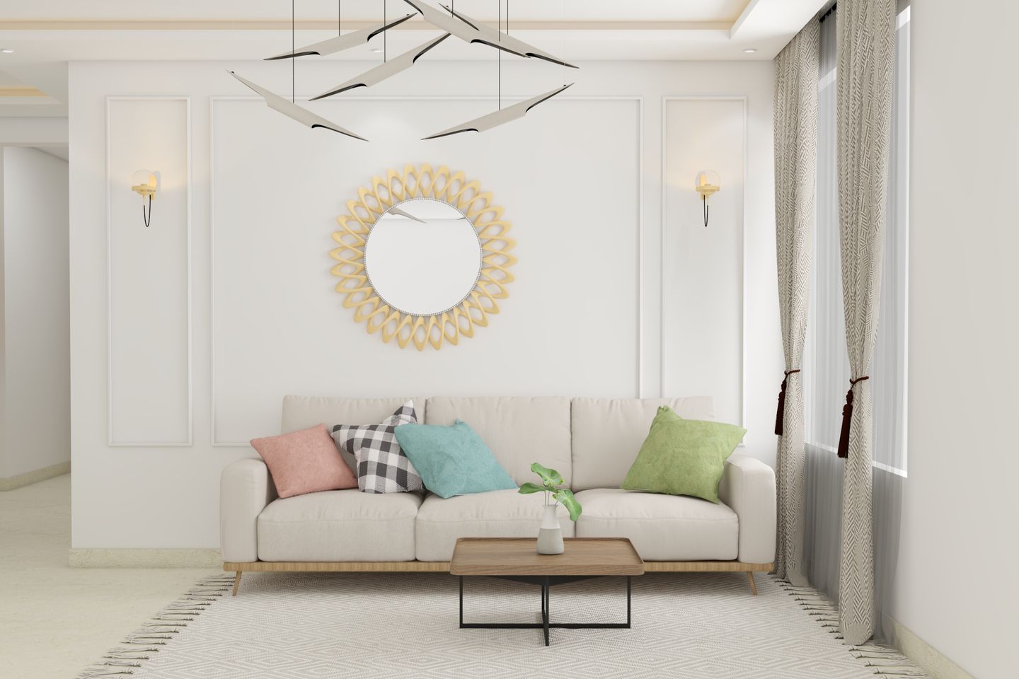 Creamy-White Living Room Design - Livspace