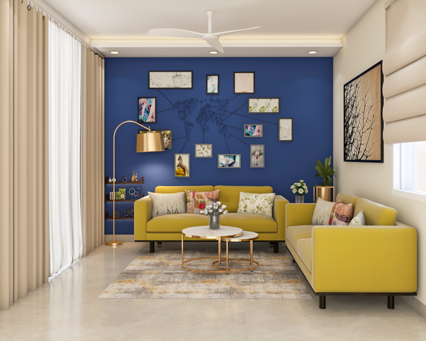 Living Room With Yellow And Blue - Livspace