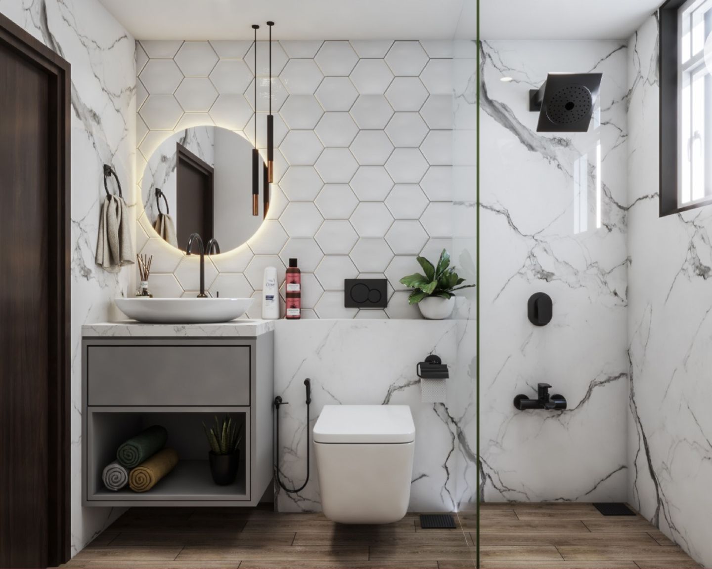 Small Bathroom Design With Wall-Mounted Vanity With Open And Closed Storage - Livspace