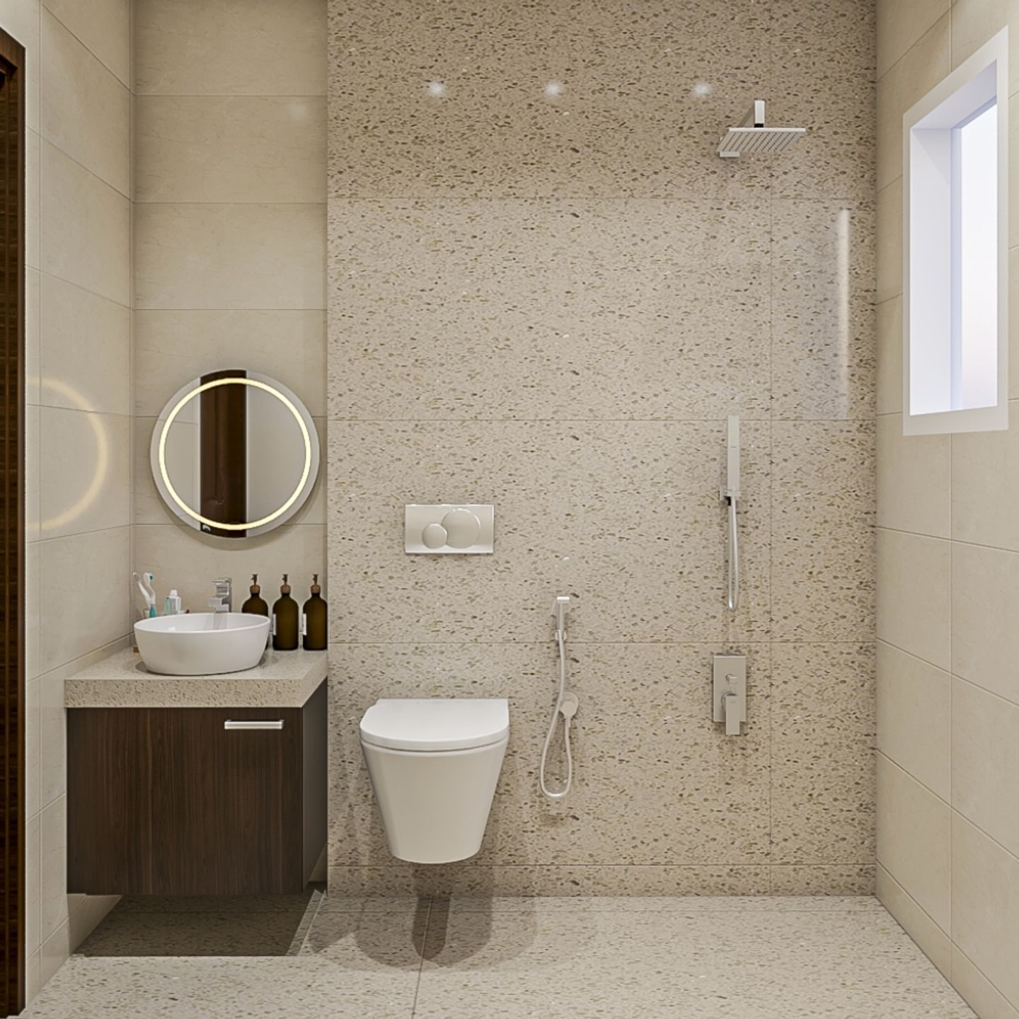 Spacious Beige Bathroom Design With Terrazzo Tiles In Beige 8x5 Ft Livspace