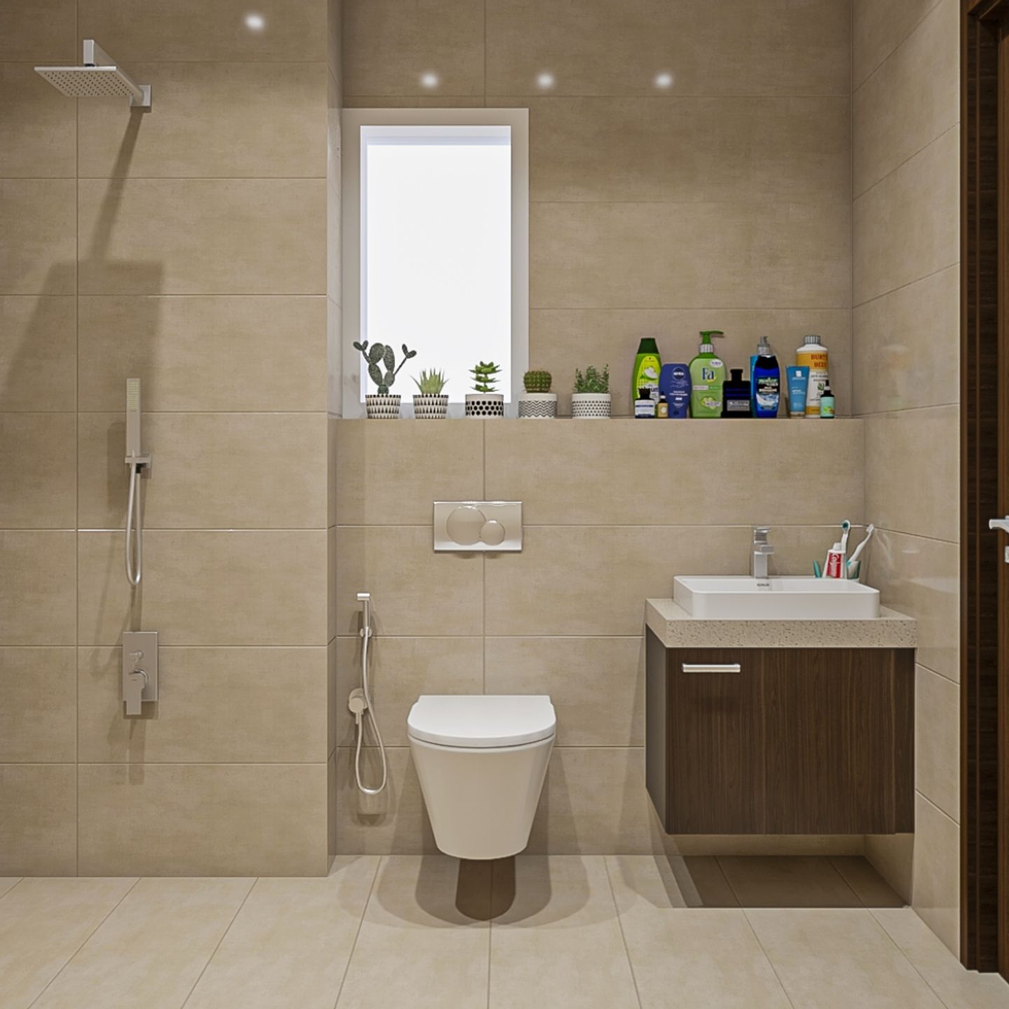 Spacious Beige Bathroom Design With Wall-Mounted Vanity Unit - 8X5 Ft ...