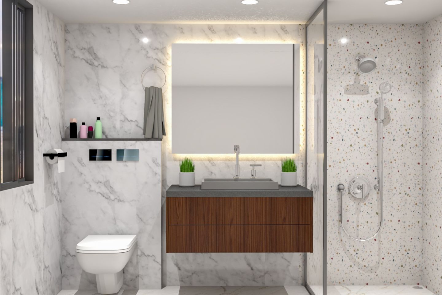 Spacious Modern Bathroom Design With Marble And Terrazzo Tiles 9X7 Ft