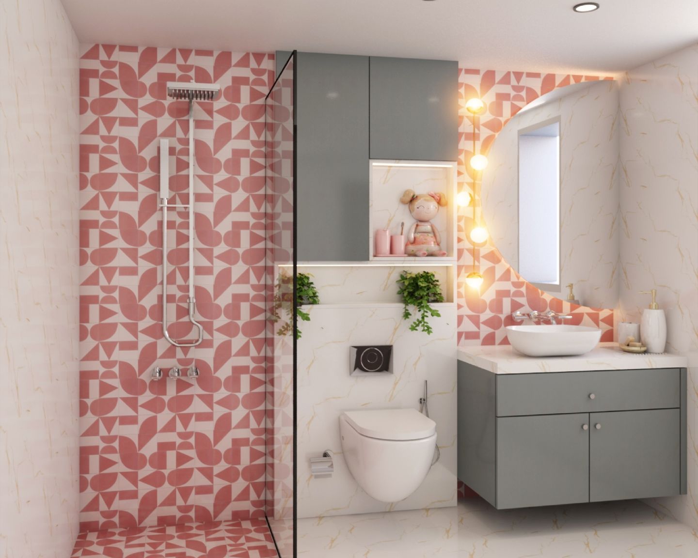 Spacious Pink And White Bathroom Design With Grey Vanity Unit 8x5 Ft