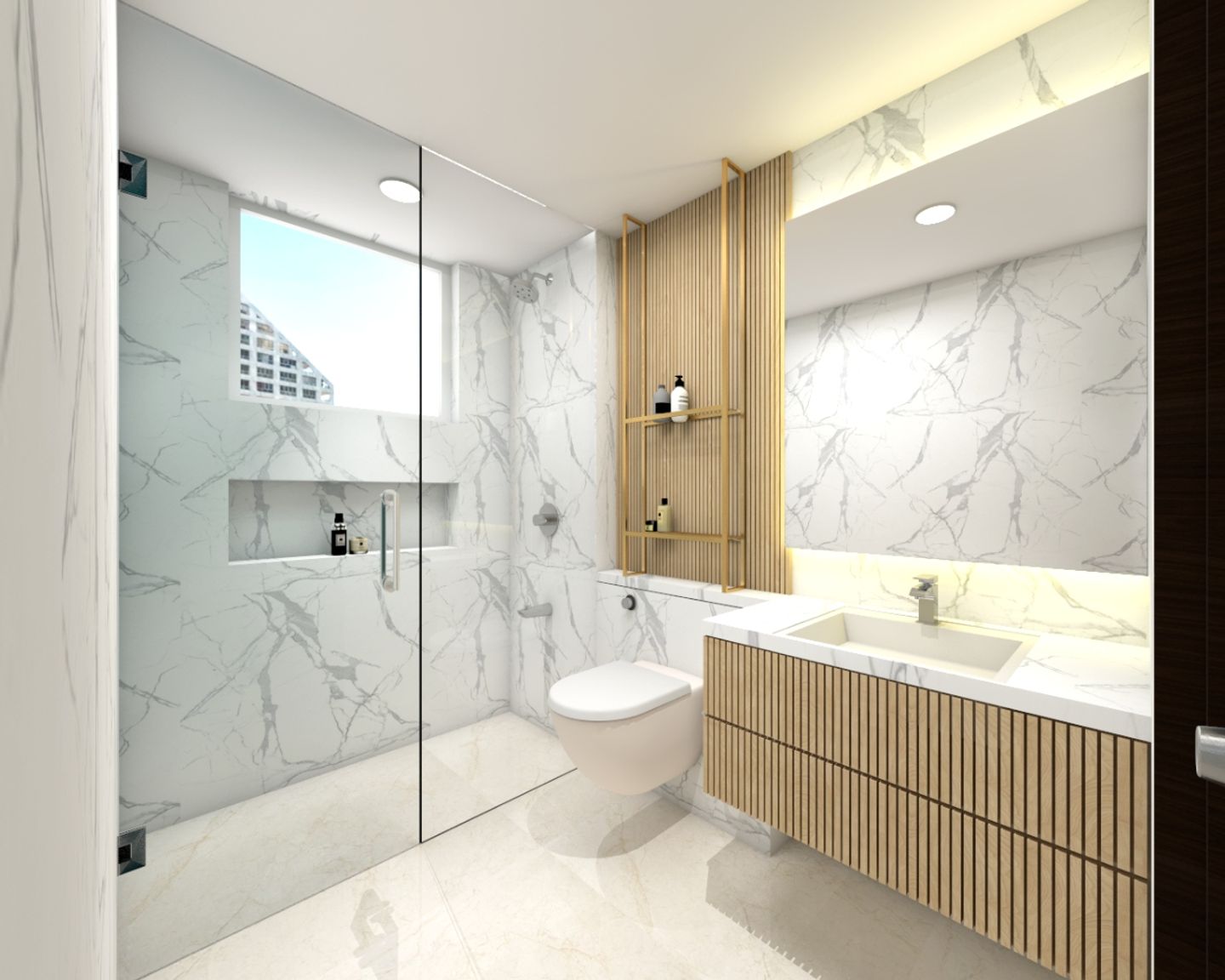 8X5 Ft White Marble Bathroom Design With Wooden Wall Panel - Livspace