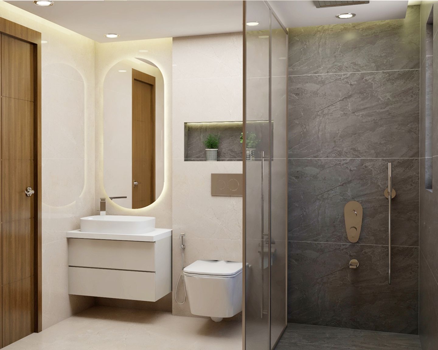8X5 Ft Grey And Beige Bathroom Design WIth Vanity Unit - Livspace