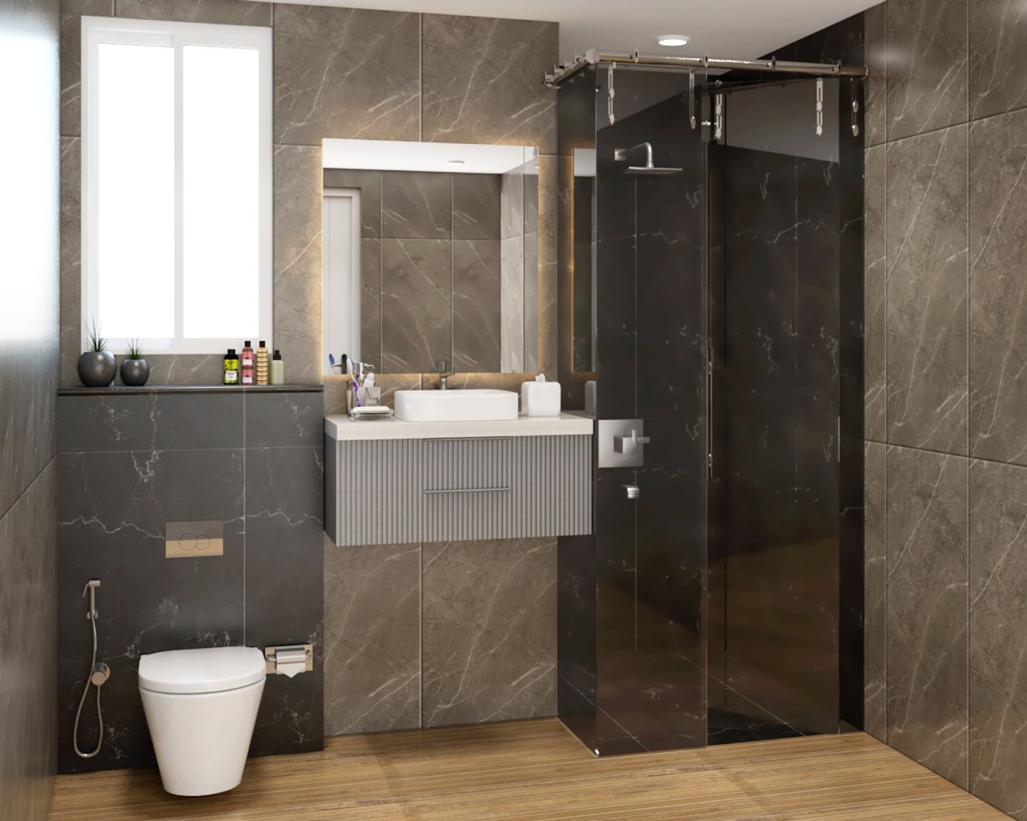 8X5 Ft Black And Brown Bathroom Design With Square Mirror - Livspace