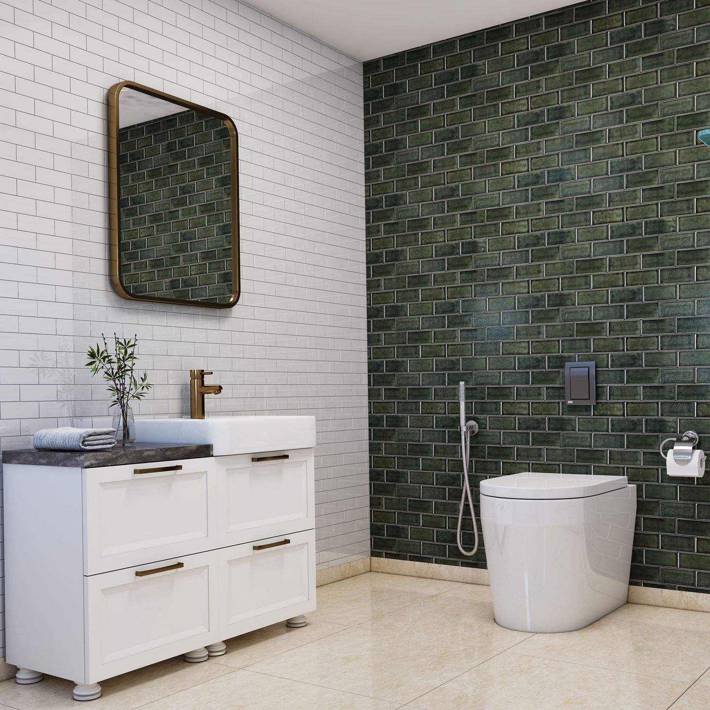 Ceramic Green And White Bathroom Tiles - Livspace