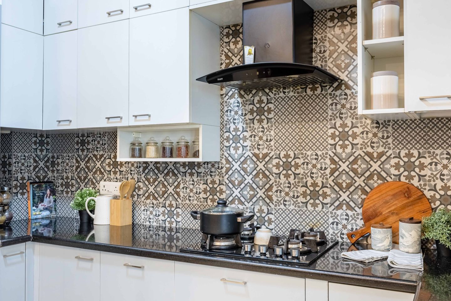 1. Ceramic Modern Brown Grid Tiles For Kitchen - Livspace 2. Modern Brown Ceramic Matte Tiles In U-Shaped Kitchen - Livspace