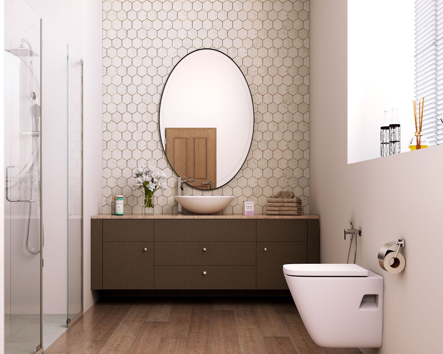 Matte Hexagonal Bathroom Tile Design In Cream - Livspace