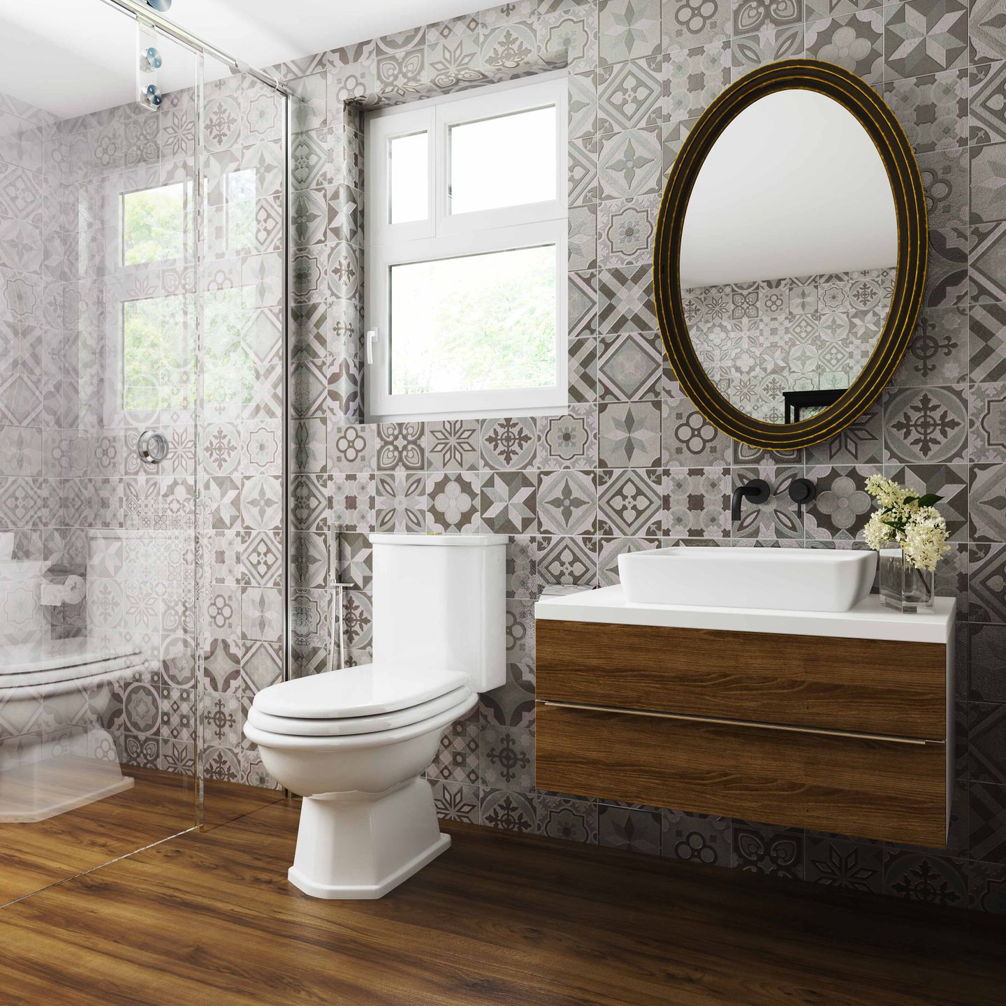 Moroccan Bathroom Grey-Toned Tile Design - Livspace