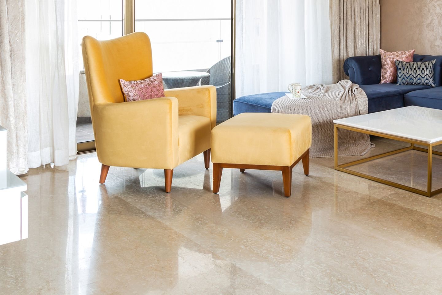 Glossy Beige Flooring Design For Living Rooms - Livspace