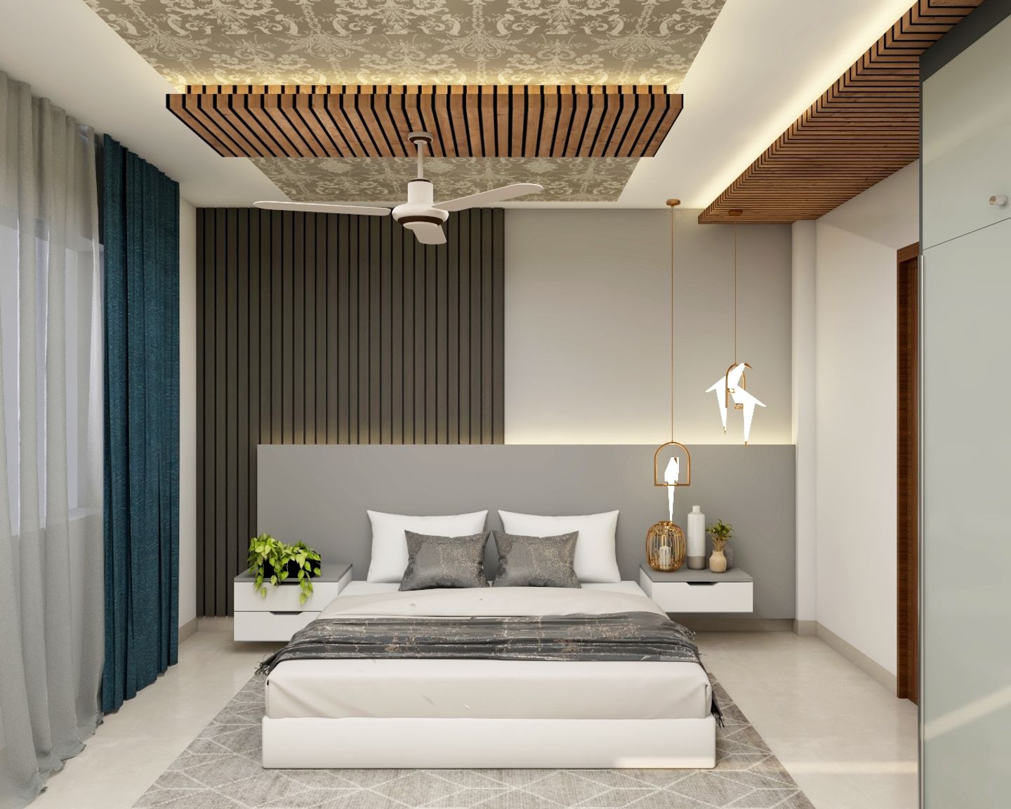 Spacious Grey Guest Bedroom Design With Wooden Rafters | Livspace