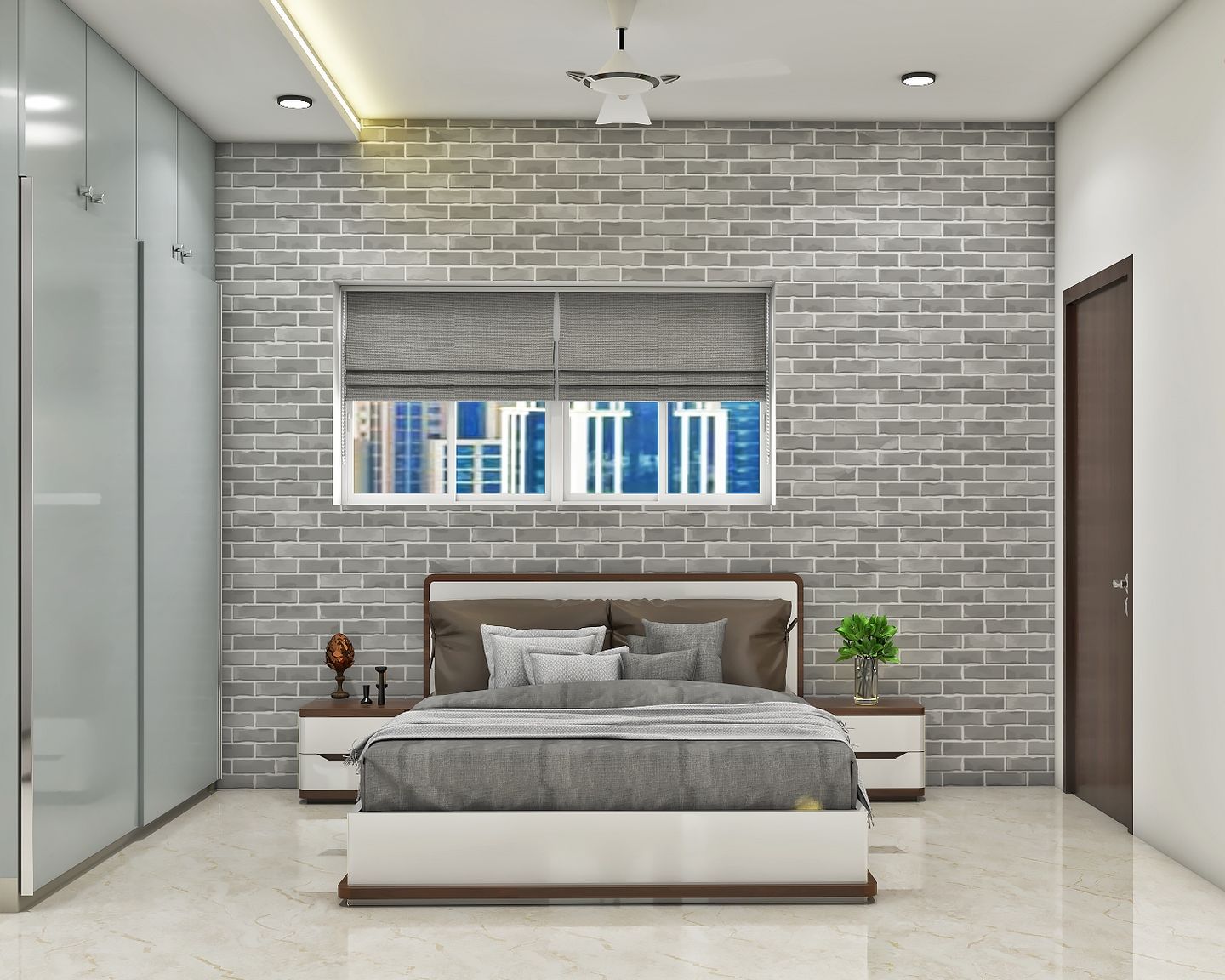 Grey Guest Bedroom With Brick Wallpaper - Livspace