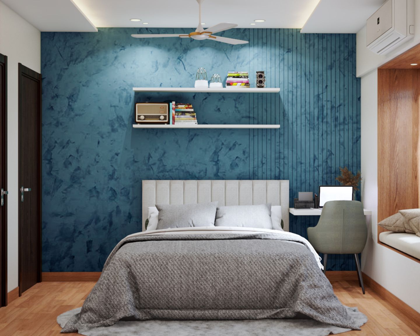 Guest Bedroom With Blue Accent Wall - Livspace