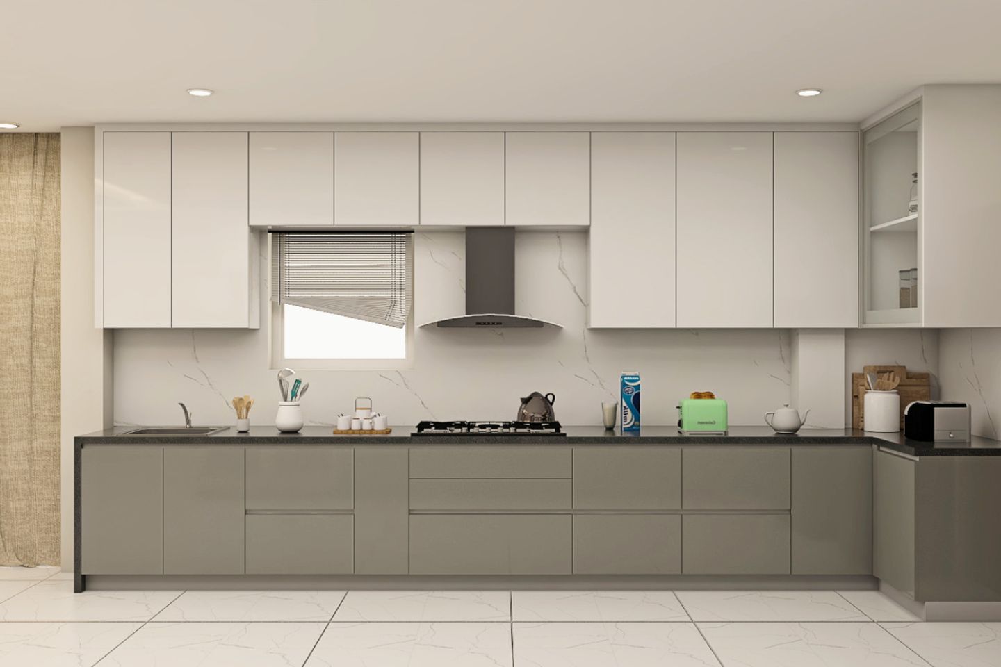 Island Kitchen Design With Grey And White Storage Cabinets - Livspace