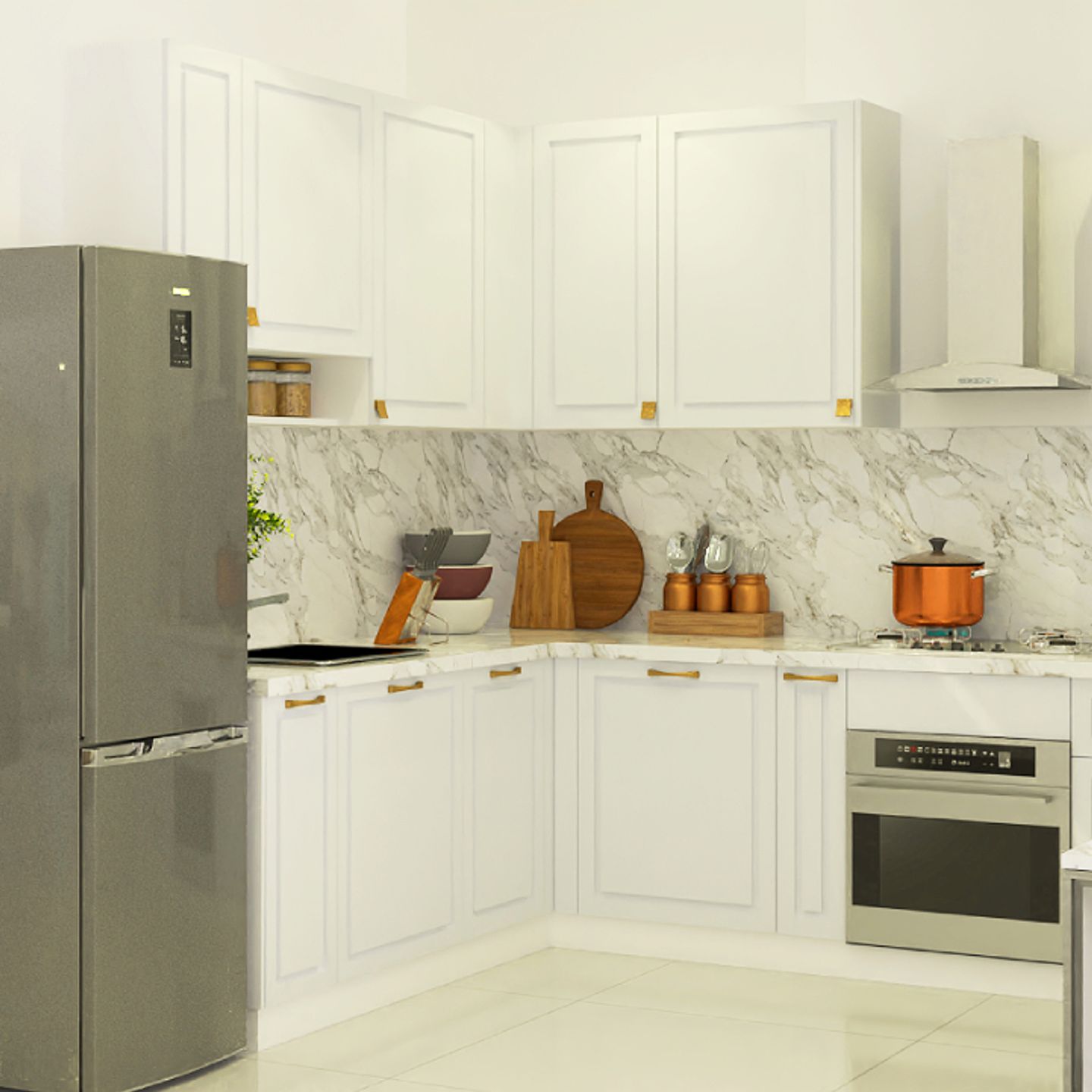 Modern L-Shaped Kitchen Design With Off White Cabinets