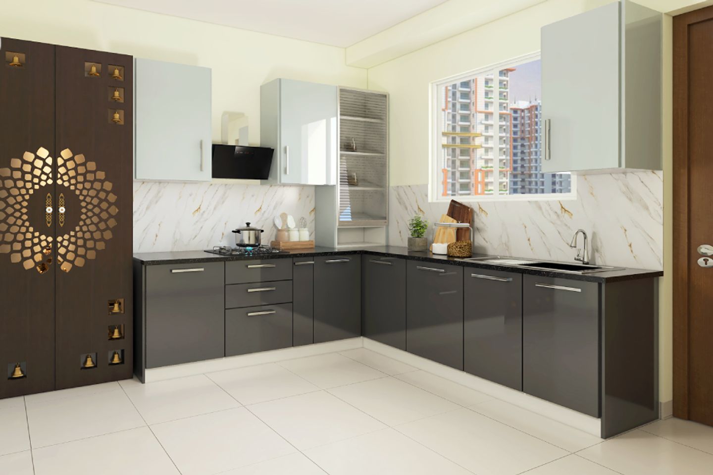 12X9 Ft L-Shaped Kitchen Design With Grey Cabinets - Livspace