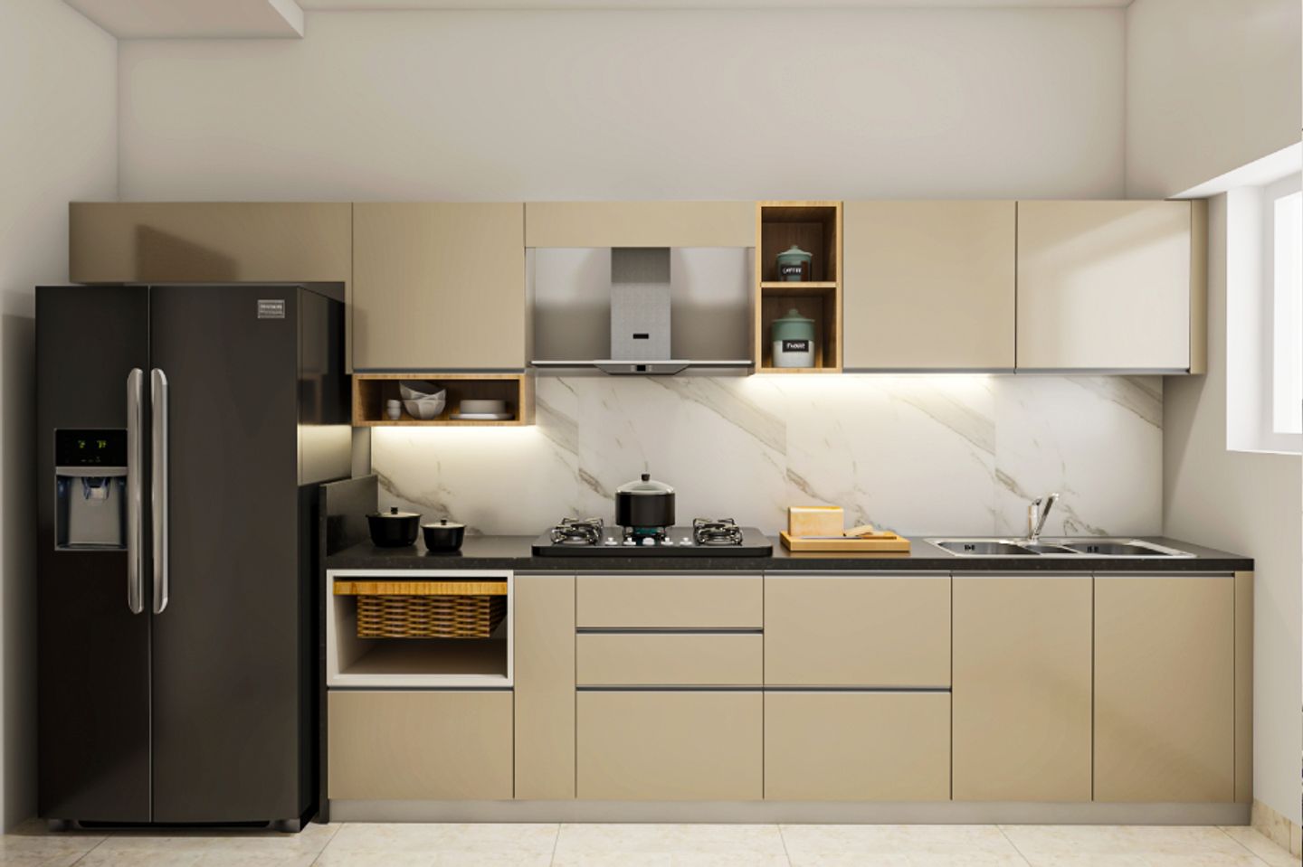 Straight Kitchen Design With Metallic Beige Storage Units - Livspace
