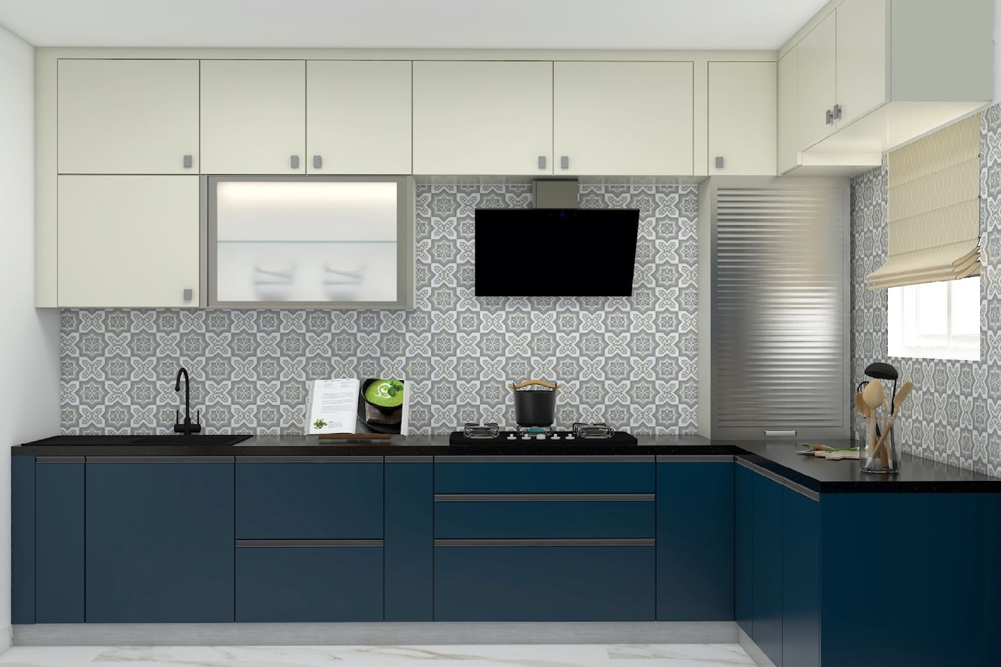 13X12 Ft L-Shaped Kitchen Design With A Black Granite Countertop - Livspace