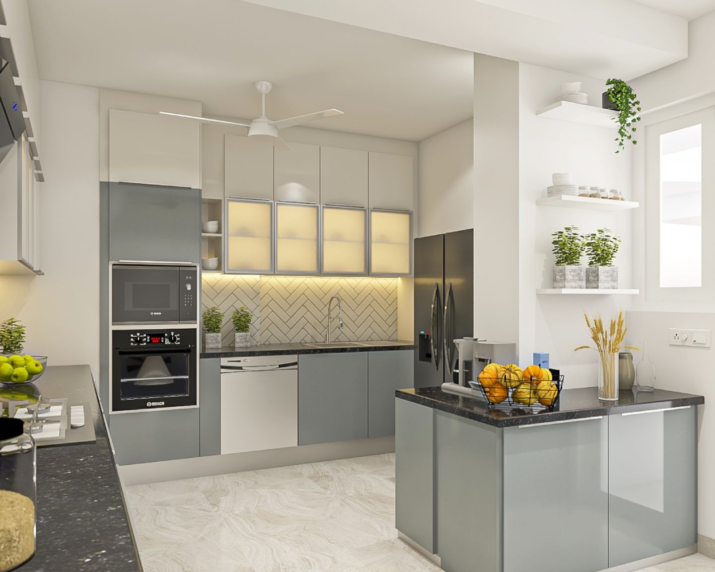 14X13 Ft Kitchen Design With White And Grey Cabinets - Livspace