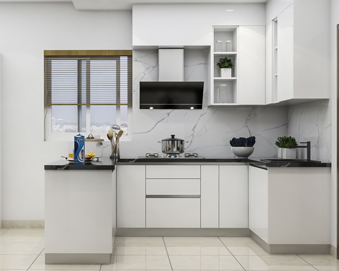 10X10 Ft U-Shaped Kitchen Design With Open Shelves - Livspace