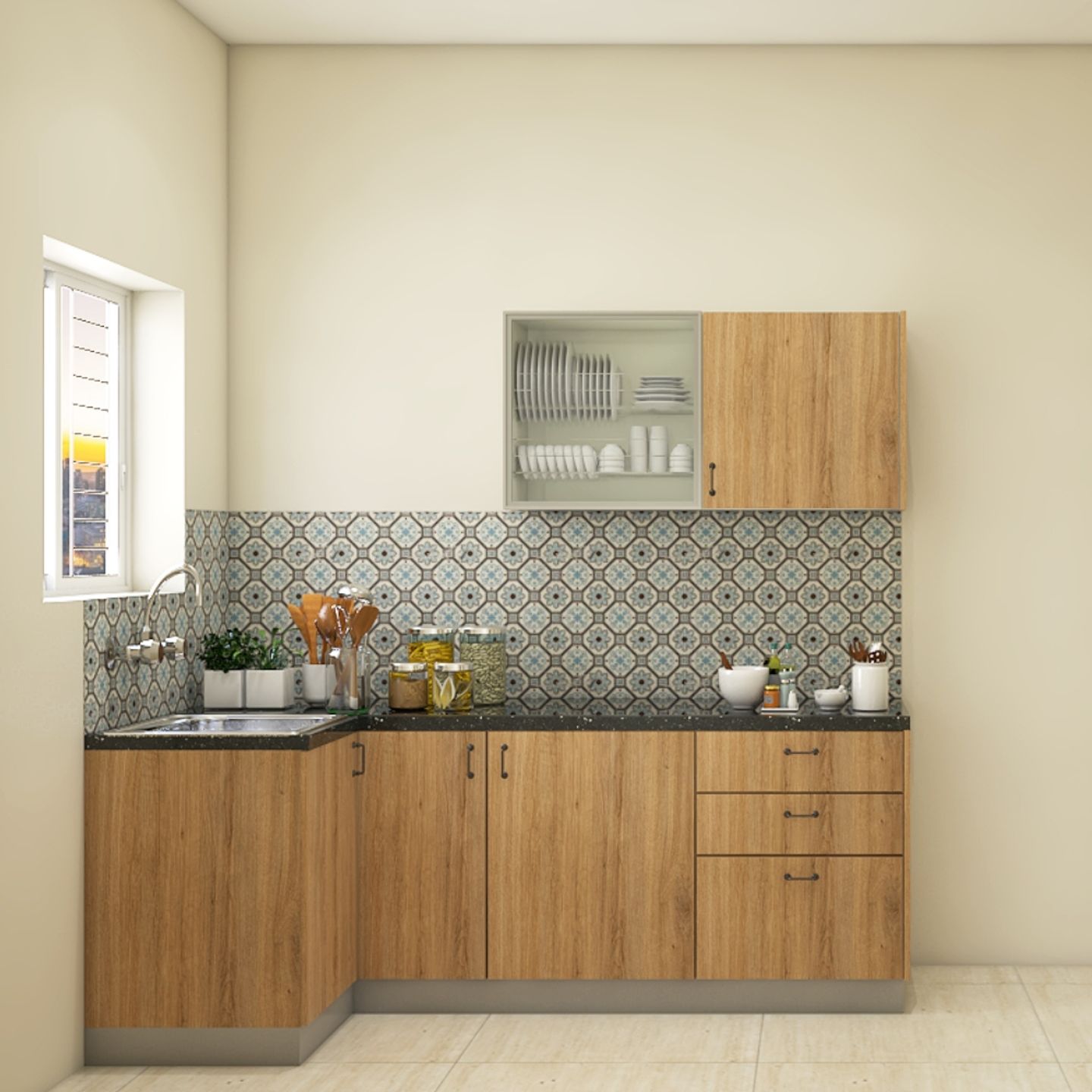L-Shaped Compact Kitchen Design With A Granite Countertop - Livspace