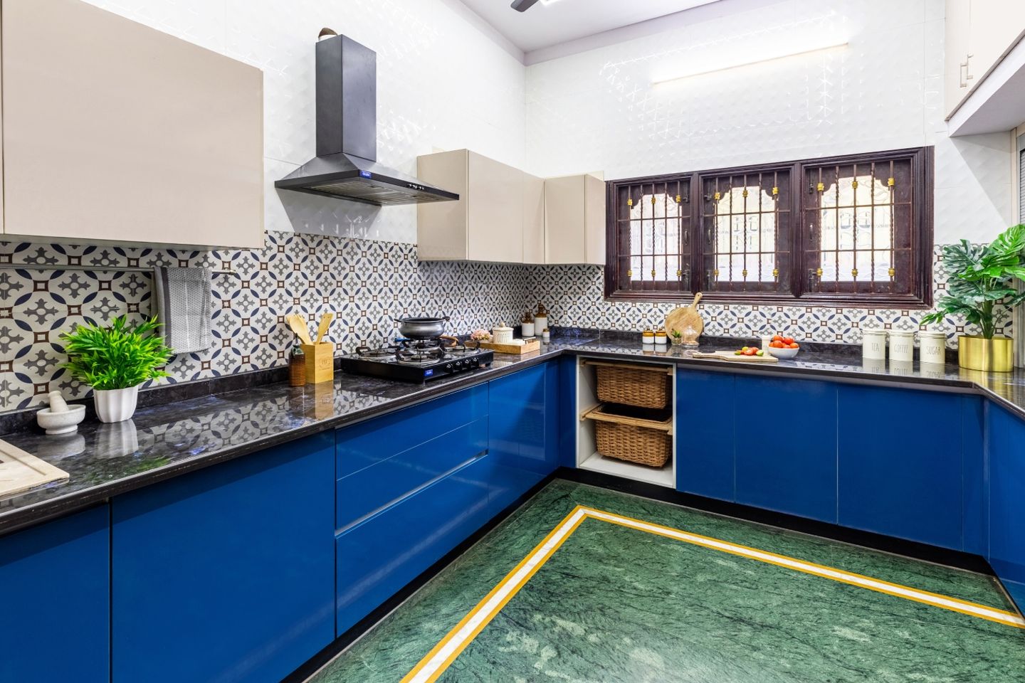 Modern U-Shaped Kitchen Design With Blue And Grey Kitchen Cabinets