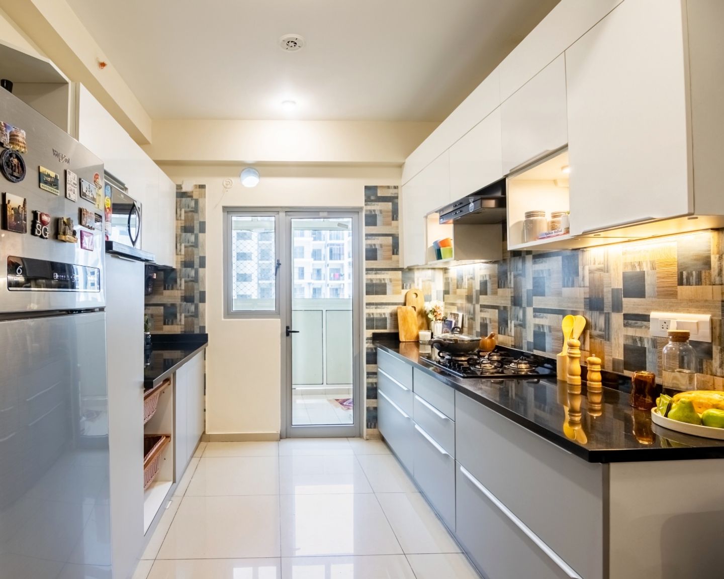 Parallel Kitchen Design With Multicolour Dado Tiles - Livspace