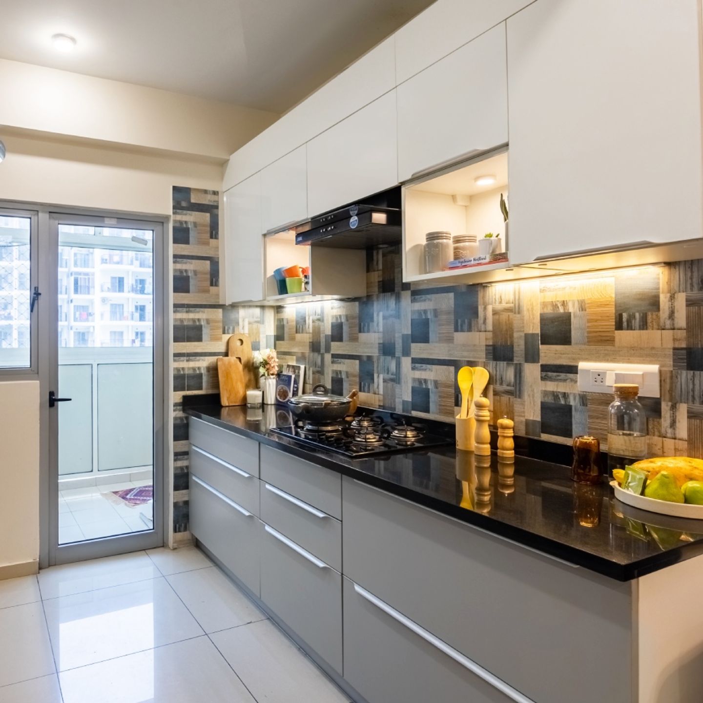 Modern Modular Parallel Kitchen Design With Profile Lights And Granite Countertop