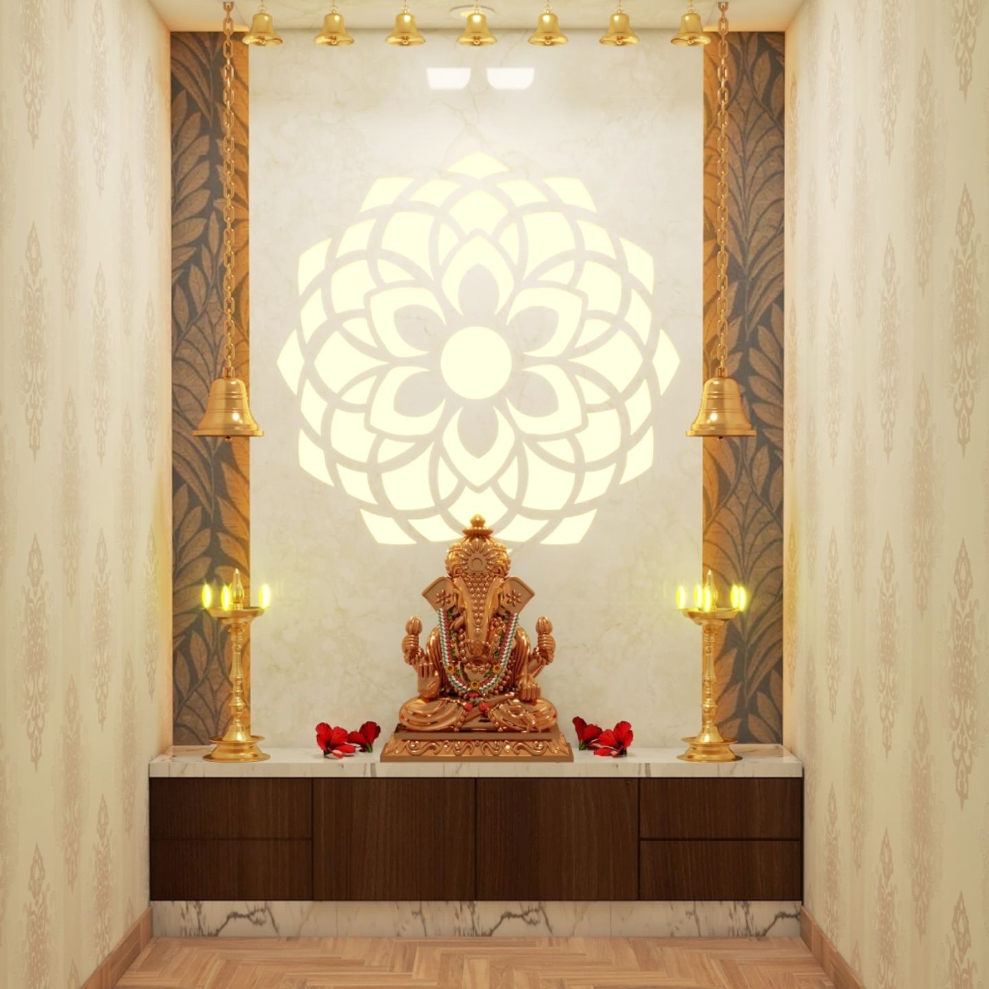 Contemporary Pooja Unit with Beige Floral Wall Panel and Decorative ...