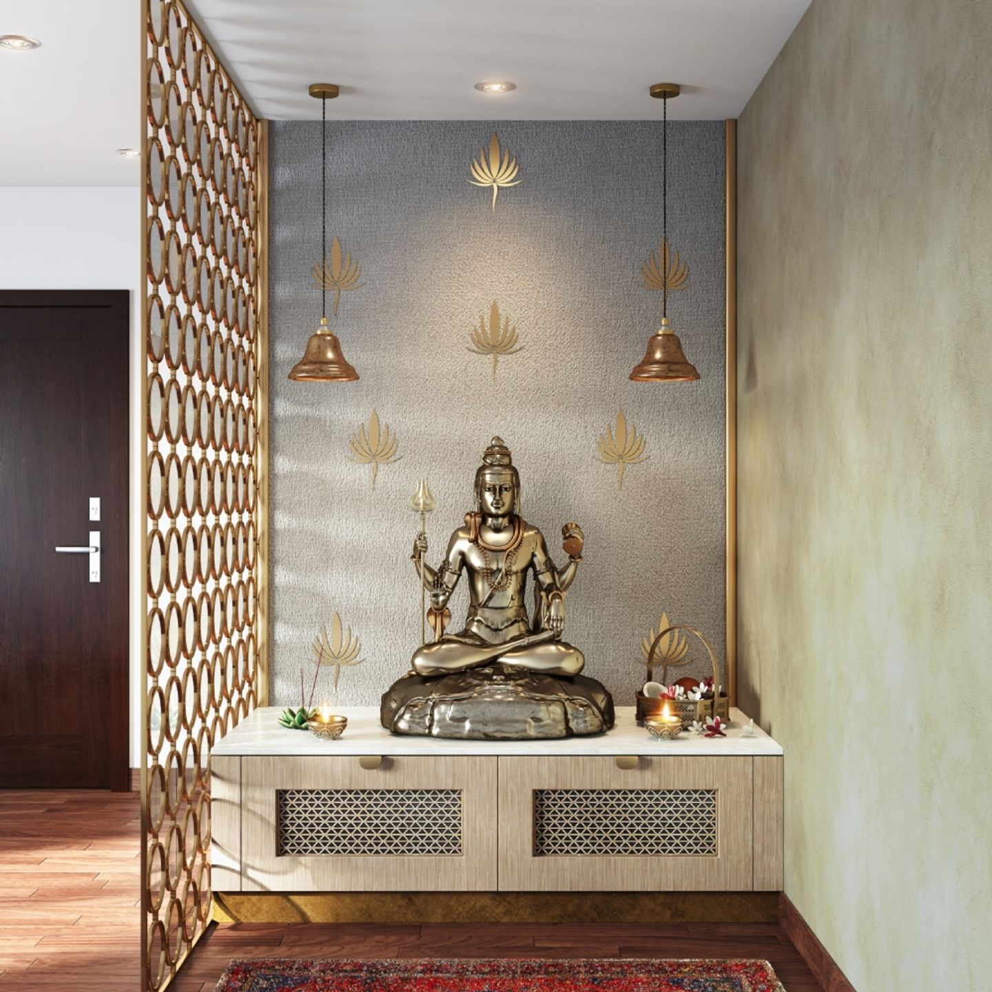 Spacious Wall-Mounted Mandir Design With Acacia Laminates - 6X9 Ft ...