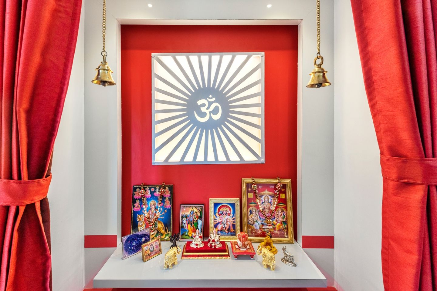 6x2x8 Ft Mandir Design With Frosty White and Cardinal Red Base and Wall Units - Livspace