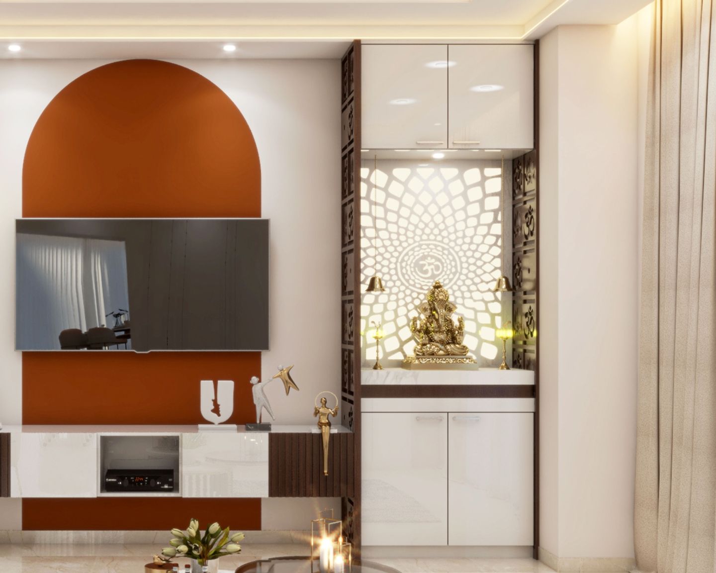 5x2x9 Ft Mandir Design With Frosty White Base and Wall Units - Livspace