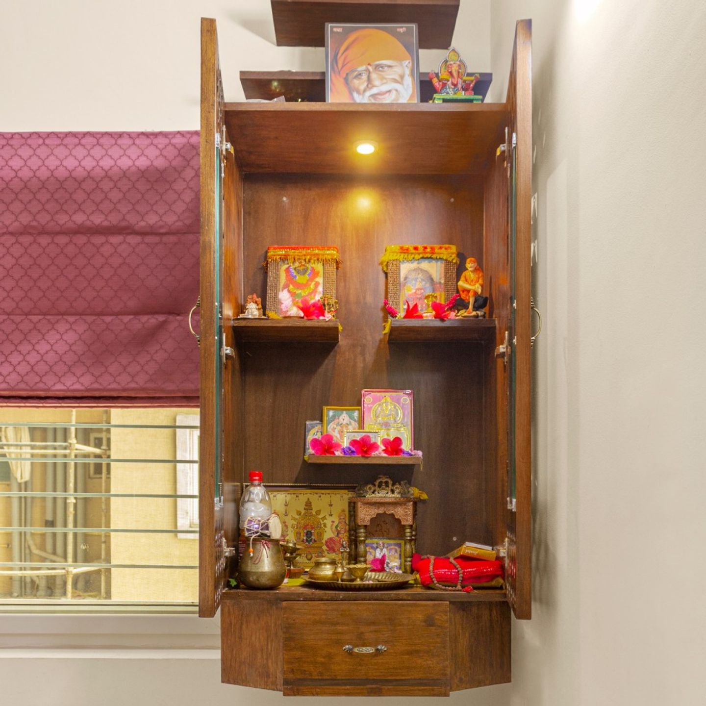 Traditional Wall-Mounted Walnut Bronze Mandir Design