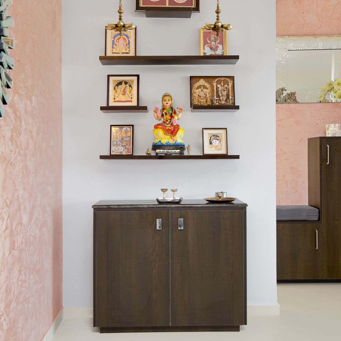 Modern Walnut Bronze Mandir Design With Wall Shelves