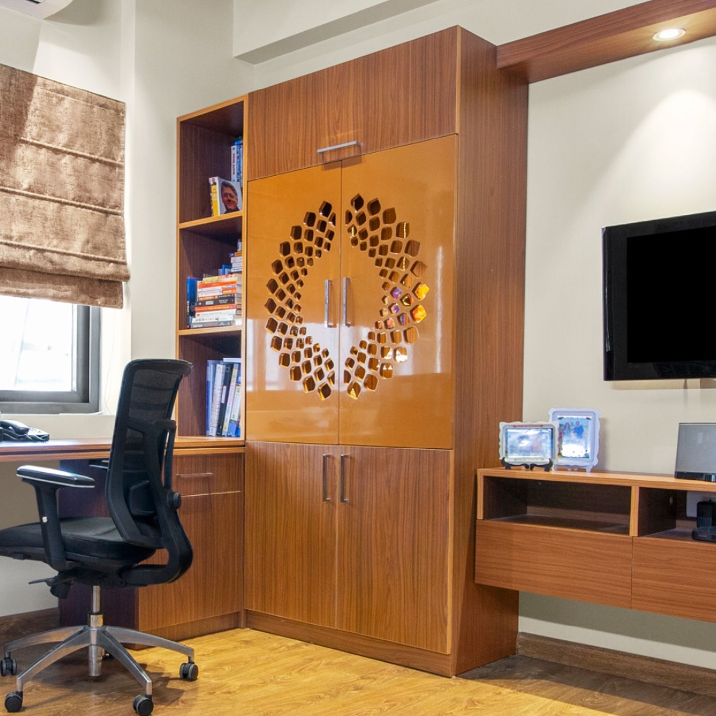 Traditional Walnut Bronze Mandir Design With CNC Cut Door Pattern