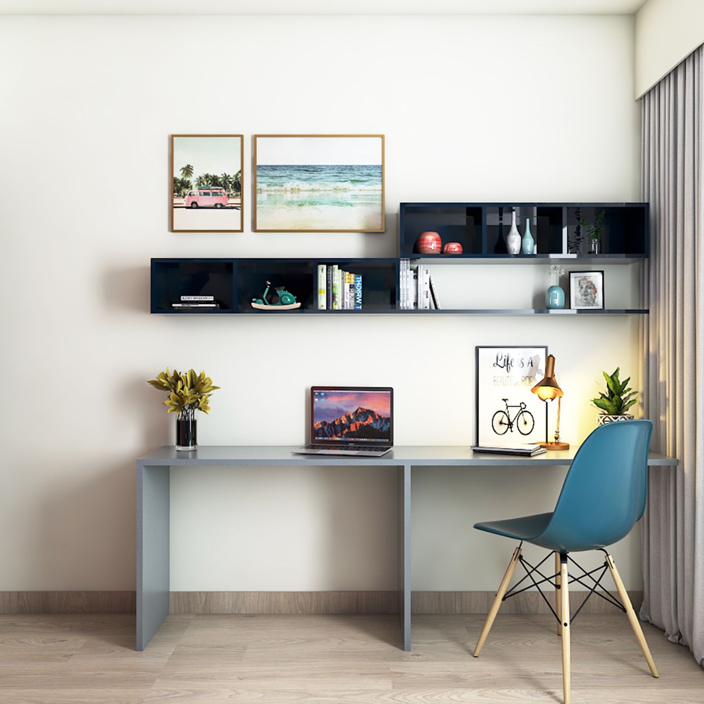 Spacious Modern Study Room Design With Silver Frost And Shore Blue