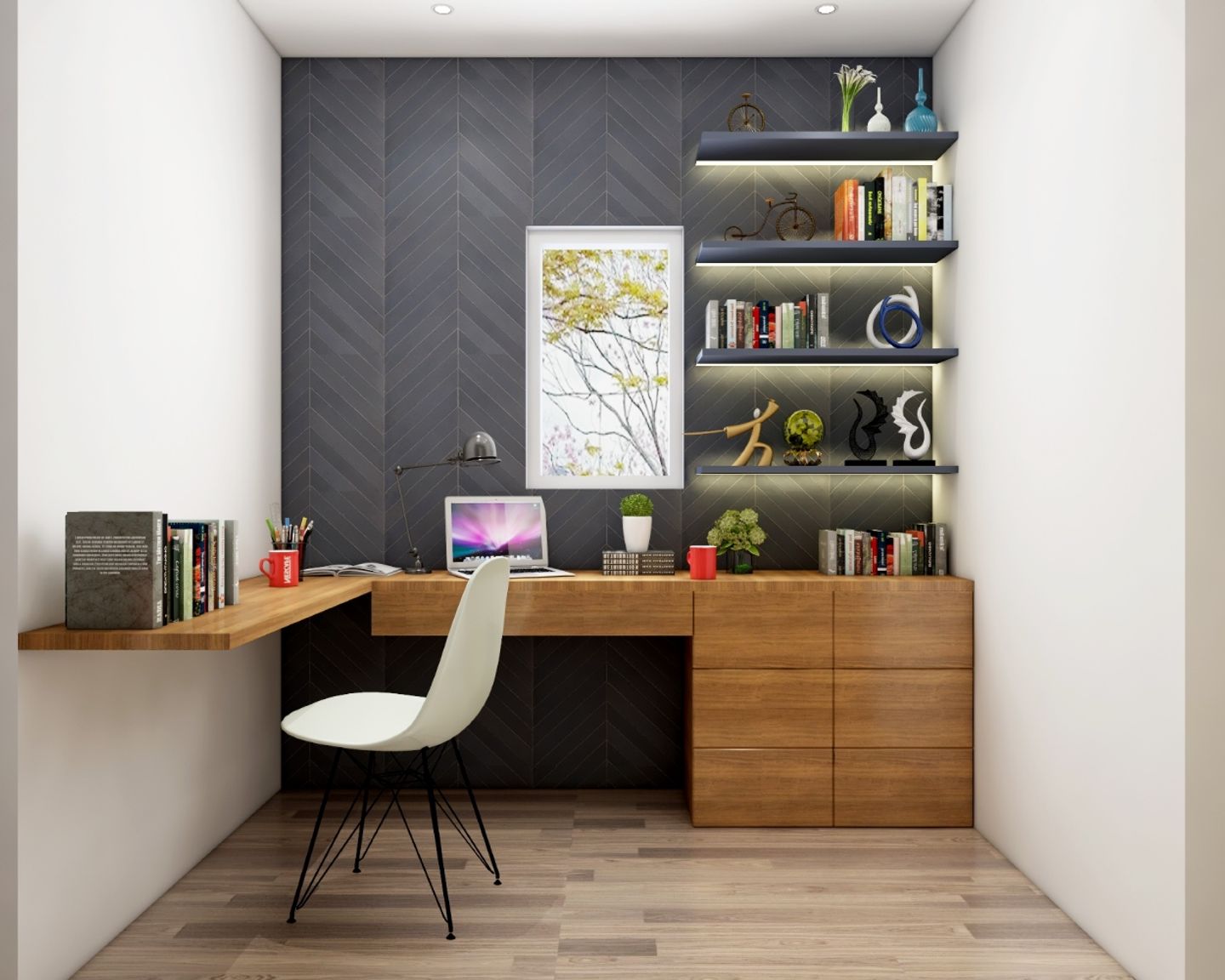 Spacious Gothic Grey And Teak Study Room Design - 8x7 Ft | Livspace