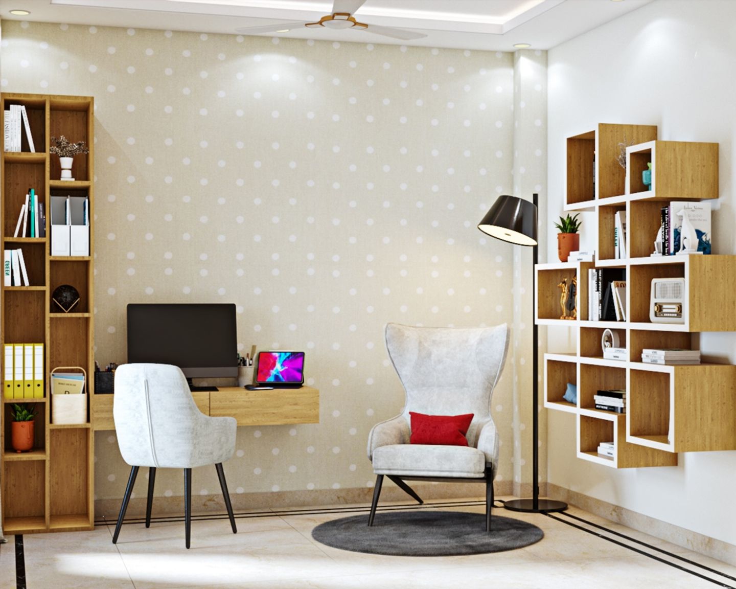 10x10 ft Tahiti Samoa Teak Study Room Design With Polka Dot Wallpaper - Livspace