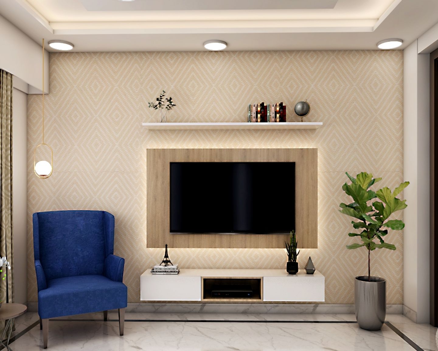 White TV Design With Strip Lighting Livspace