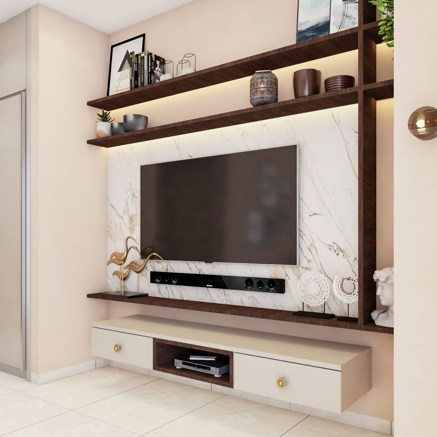 White And Brown TV Unit Design With Open Ledges - Livspace