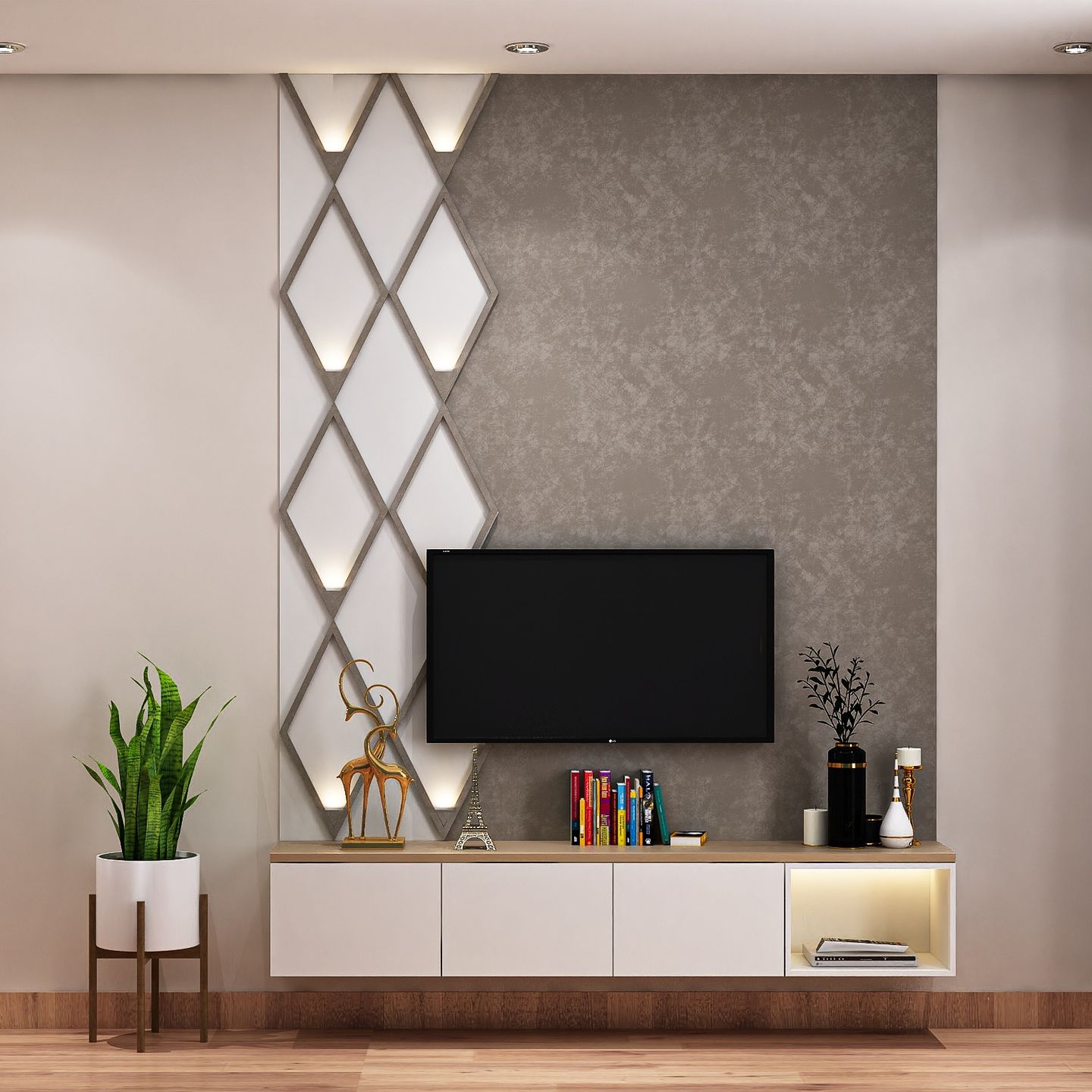 White TV Unit Design With LED Backlighting - Livspace